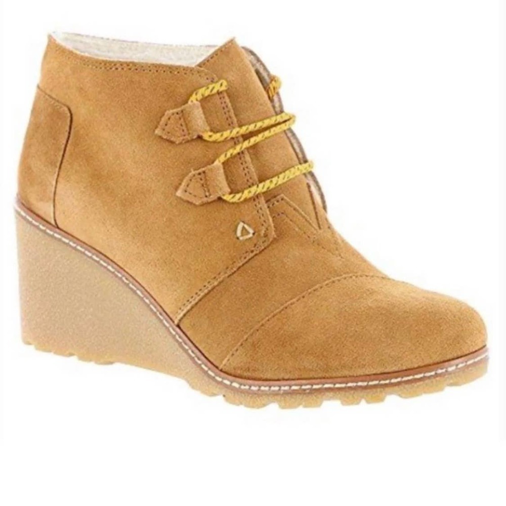 Toms Kala Tan Brown Suede Lace Up Wedge Boooties Size 10